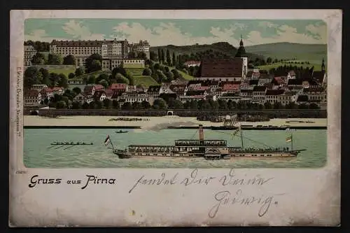 Pirna, Blick von der Elbe auf die Stadt, Schaufelraddampfer - 422753