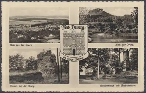 Bad Driburg im Eggegebirge, Blick von u. zur Iburg, Sachsenklause mit Aussichtsturm, Stadtwappen - 412311