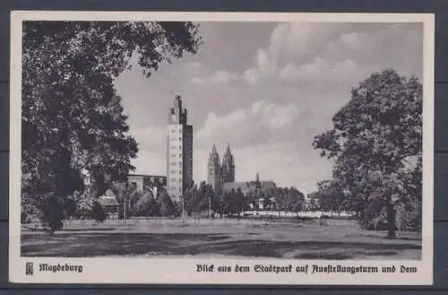 Magdeburg, Blick aus dem Stadtpark auf Ausstellungsturm u. Dom - 402926