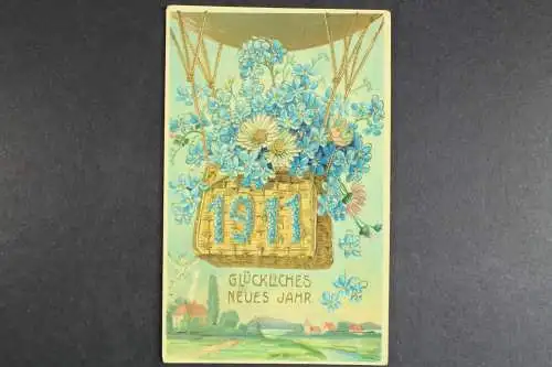 Glückliches Neujahr 1911, Ballon mit Blumen, Prägekarte - 418974