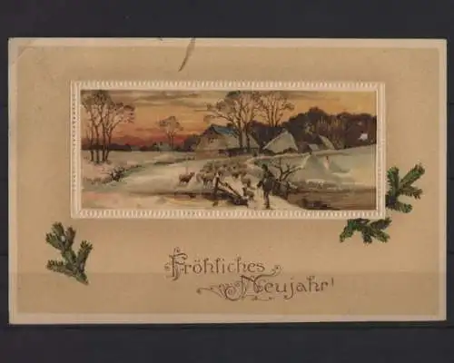 Fröhliches Neujahr, Schäfer mit Herde in Winterlandschaft - 400715