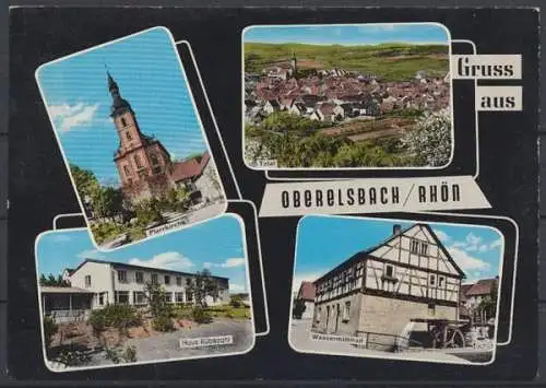 Oberelsbach / Rhön, Totalansicht, Pfarrkirche, Haus Rübezahl, Wassermühlrad - 411208