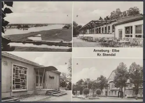 Arneburg Krs. Stendal, Blick zur Elbe, Burggaststätte, Karl-Marx-Straße mit Rathaus - 411538