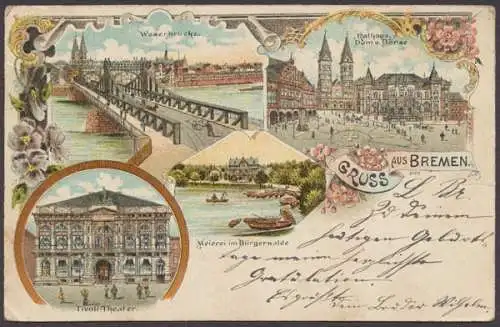 Bremen, Weserbrücke, Rathaus, Dom u. Börse, Tivoli-Theater, Meierei - 411160