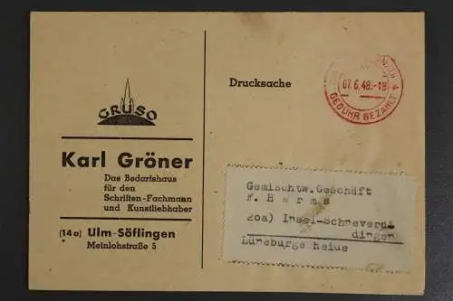 Ulm - Söflingen, dek. Werbebrief FA Karl Gröner,, Barfreimachung 1948 - 510596