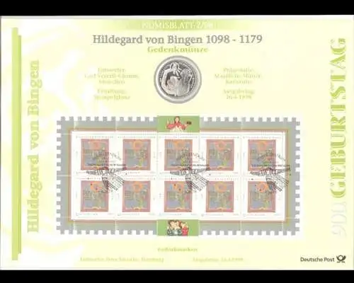 BRD, Numisblatt 2/1998, Hildegard von Bingen - 2/1998