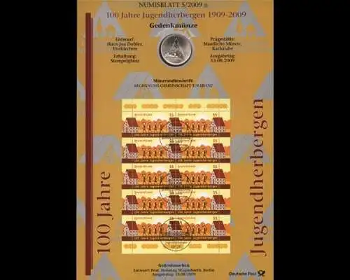 BRD, Numisblatt 5/2009, 100 Jahre Jugendherbergen - 5/2009