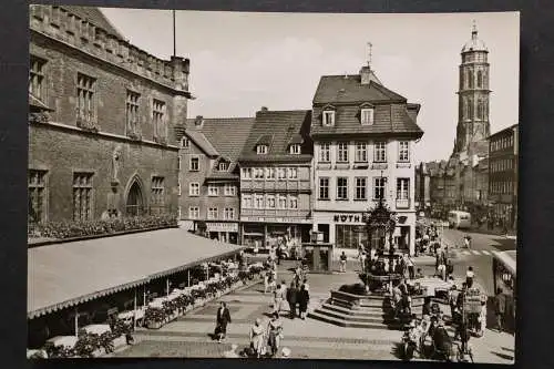 Göttingen, Gänselieselbrunnen mit Jacobturm und Ratskellerterrasse - 421822