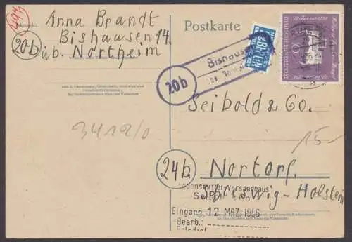 Bishausen über Nörten - Hardenberg, Landpoststempel auf Postkarte, 1956 - 500352