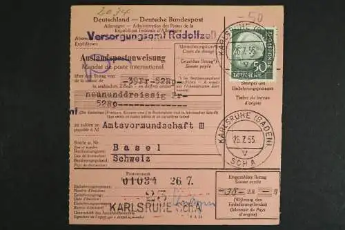 Deutschland (BRD). MiNr. 189 auf Auslandspostanweisung in die Schweiz - 510917