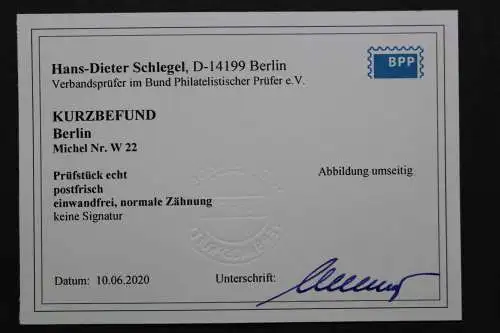 Berlin, MiNr. W 22, postfrisch, BPP Kurzbefund - 636082