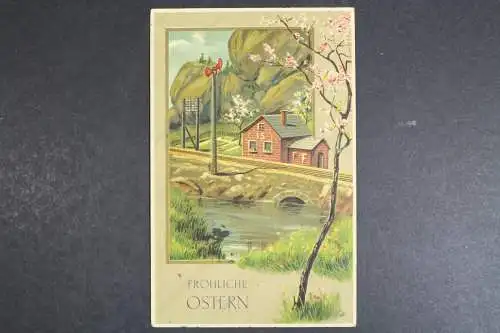 Fröhliche Ostern, blühender Baum, Haus an der Bahnlinie, Prägekarte - 419763