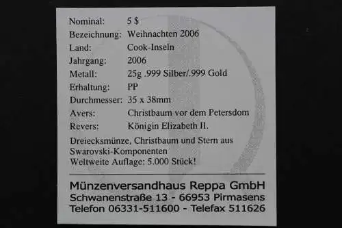 Cook Inseln, 5 Dollar Christbaum vor Petersdom, 2006, Polierte Platte / Proof - 801423