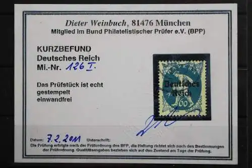 Deutsches Reich, MiNr. 126 PLF I, gestempelt, BPP Kurzbefund - 658593