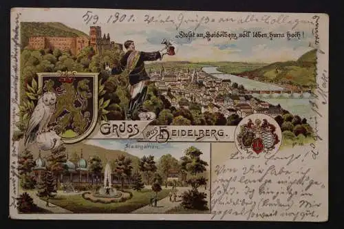 Heidelberg, Burgruine mit Blick auf den Ort, Wappen, Eule, Mann mit Bierkrug - 422839