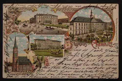 Chemnitz, Bahnhof, Rathaus, St. Nicolaikirche, Staatslehranstalt, Litho - 423649