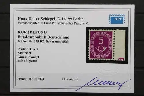 Deutschland (BRD), MiNr. 125 DZ 5, rechter Rand, ungebraucht, BPP Kurzbefund - 213512