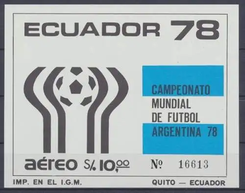 Ecuador, Fußball, MiNr. Block 86 B, ohne Gummierung - 601058