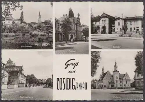 Coswig, Nicolaikirche, Postamt, Bahnhof, Rathaus, Sparkasse - 410352