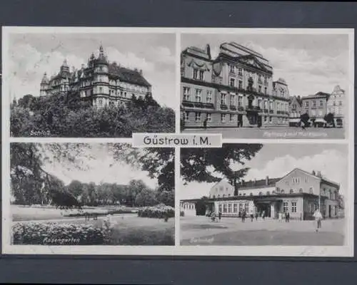 Güstrow, i. M., Schloß, Bahnhof, Rathaus mit Marktplatz ... - 401319