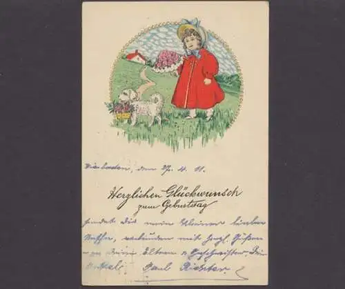 Mädchen mit Rosenstrauß u. Hund mit Blumenkorb, Geburtstagsglückwünsche - 403383