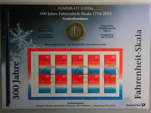 BRD, Numisblatt 5/2014, 300 Jahre Fahrenheit-Skala - 5/2014