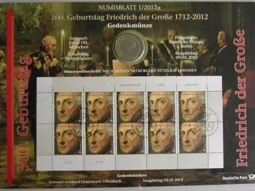 BRD, Numisblatt 1/2012. 300. Geb. Friedrich der Große - 1/2012