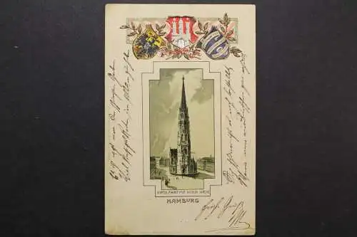 Hamburg, Hopfen Markt mit Nicolai Kirche, Prägekarte, Wappen - 420812