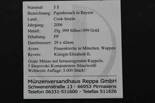 Cook Inseln, 5 Dollar Papstbesuch in Bayern, 2006, Polierte Platte / Proof - 801422