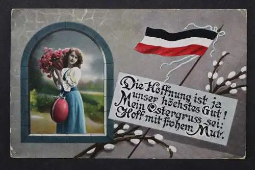 Junge Frau mit Blumenkorb und Osterei, Karte mit Flagge und Vers - 425504