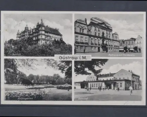 Güstrow, i. M., Schloß, Bahnhof, Rathaus mit Marktplatz ... - 401319
