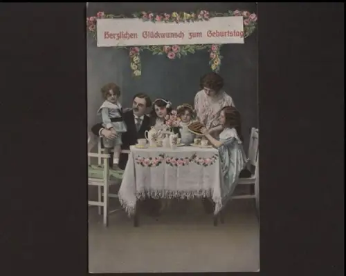 Familie beim Kaffeetrinken, Geburtstagsgrüße - 400801