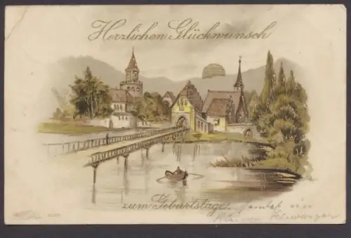 Herzlichen Glückwunsch zum Geburtstag, Dorfansicht mit Golddruck - 403380