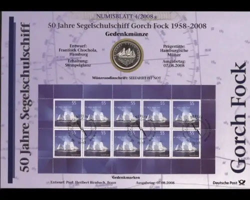 BRD, Numisblatt 4/2008, Segelschulschiff Gorch Fock - 4/2008