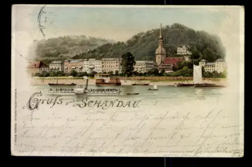 Schandau/Sächs. Schweiz, Blick über die Elbe zum Ort - 420415