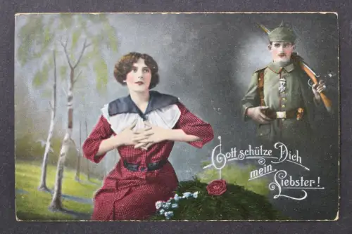 Junge Frau, im Hintergrund ein Soldat, Gott schütze Dich mein Liebster! - 425500