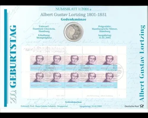 BRD, Numisblatt 1/2001, Albert Gustav Lortzing - 1/2001