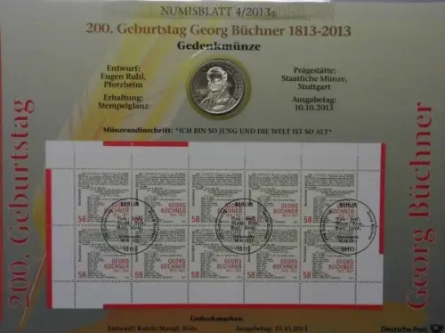 BRD, Numisblatt 4/2013, 200. Geb. v. Georg Büchner - 4/2013