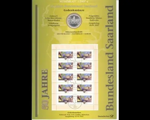 BRD, Numisblatt 1/2007, 50 Jahre Bundesland Saarland - 1/2007