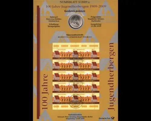BRD, Numisblatt 5/2009, 100 Jahre Jugendherbergen - 5/2009