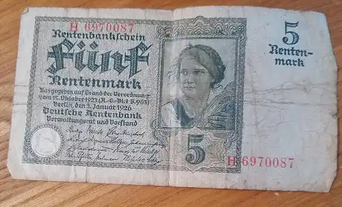 Weimarer Republik - 5 Rentenmark 1926 - Rentenbank Rentenbankschein