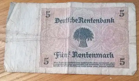 Weimarer Republik - 5 Rentenmark 1926 - Rentenbank Rentenbankschein