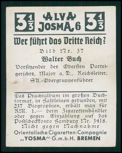 Walter Buch oberster Parteirichter der NSDAP   - ALVA Sammelbild - Wer führt das Dritte Reich ? - Yosma GmbH Bremen
