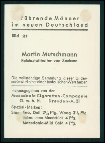 Martin Mutschmann von Hitler 1925 zum Gauleiter Sachsen ernannt  - Portrait Foto - Führende Männer im neuen Deutschland - Macedonia Cigaretten Compagnie Dresden
