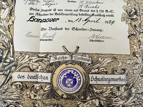Große Schmuckurkunde Lehrbrief Gesellenprüfung - Schneider E. Lüth 1929 Hannover
