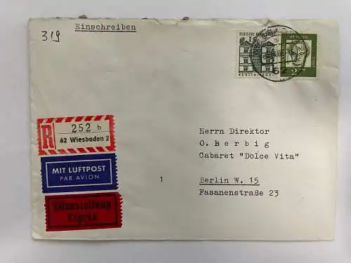Briefumschlag Flugpost, Luftpost Einschreiben Wiesbaden - Berlin, 1955