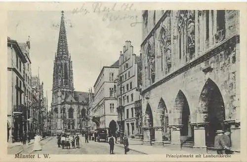 AK - Münster i. W. Prinzipalmarkt mit Lambertikirche Feldpost 1915