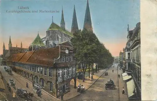 AK Lübeck Kanzleigebäude und Marienkirche, versandt 1916