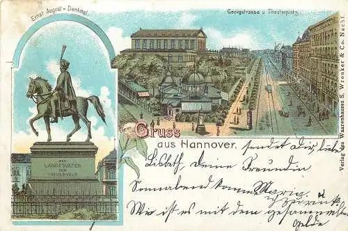 AK Gruss aus Hannover Ernst August Denkmal Georgstrasse & Theaterplatz
