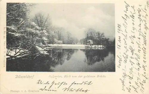 Ansichtskarte Düsseldorf Hofgarten Blick von der goldenen Brücke versandt 1906